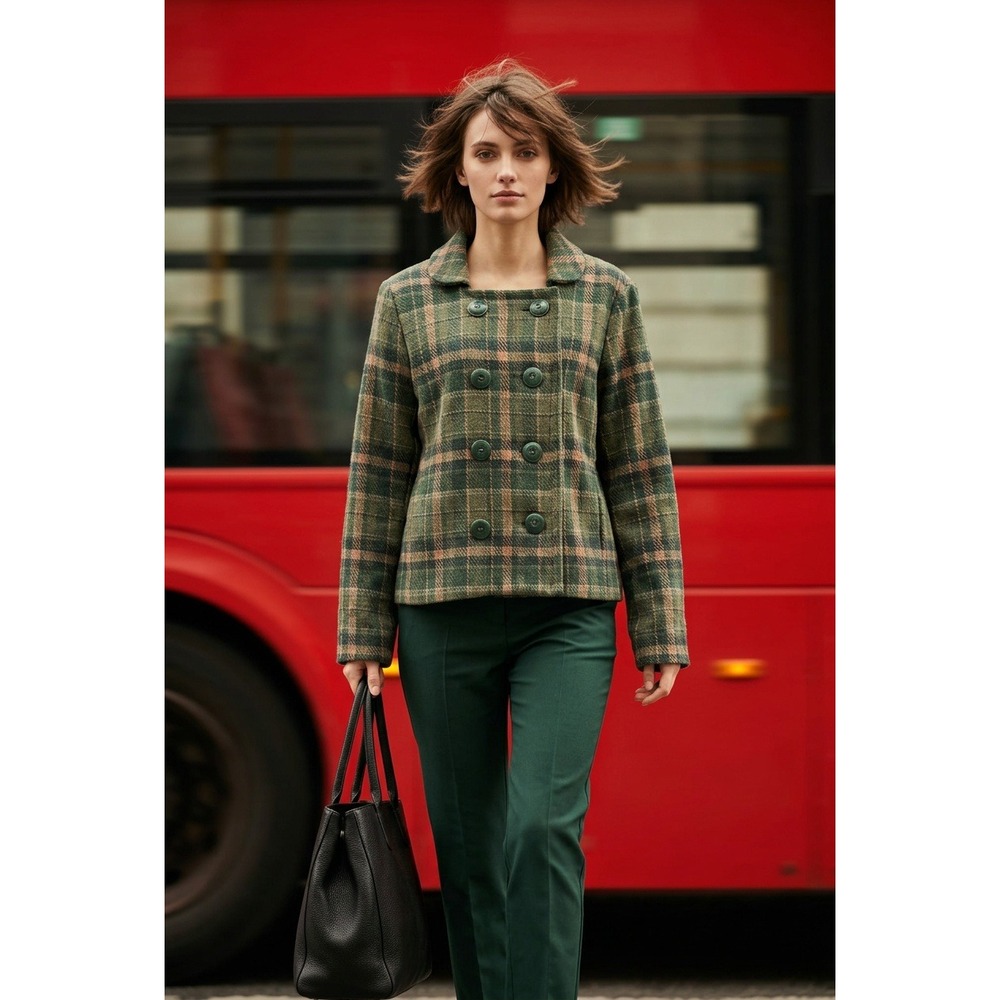 Relativity Green Plaid Wool Blend Pea Coat Double Breasted XL Preppy Equestrian